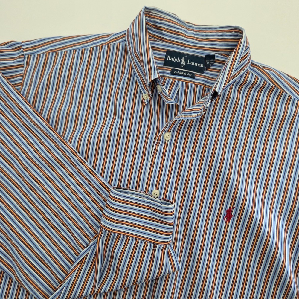 Ralph Lauren Button Down Shirt Blue Multi Stripe Classic Fit Mens Large 16.5 L